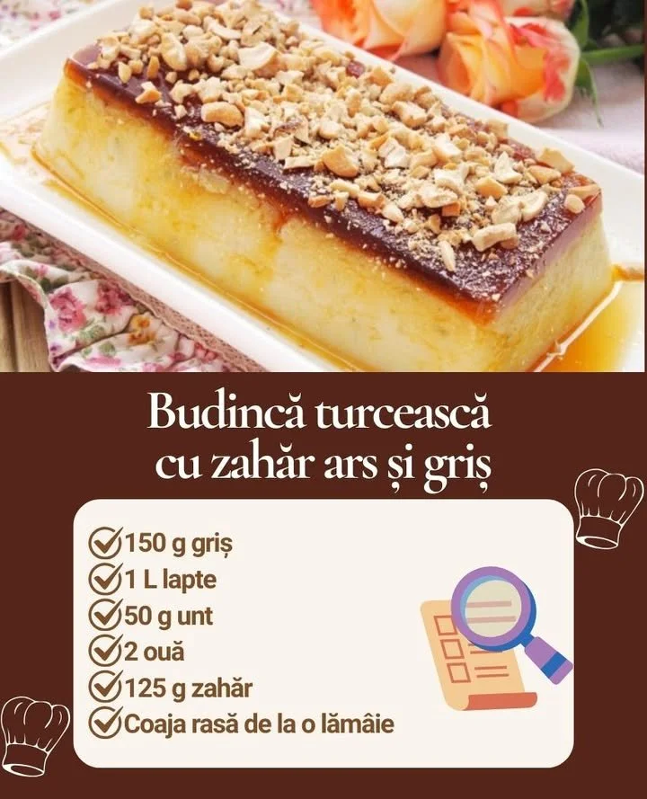 Budincă turcească cu semolină și caramel, un desert tradițional delicios.